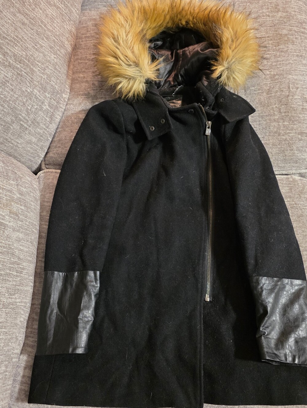 Buffalo David Bitton Black Pea Coat with Faux Fur Trim